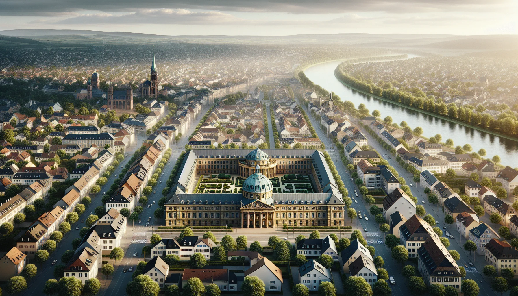 Luftaufnahme von Karlsruhe mit charakteristischem Fächergrundriss und Wohnvierteln