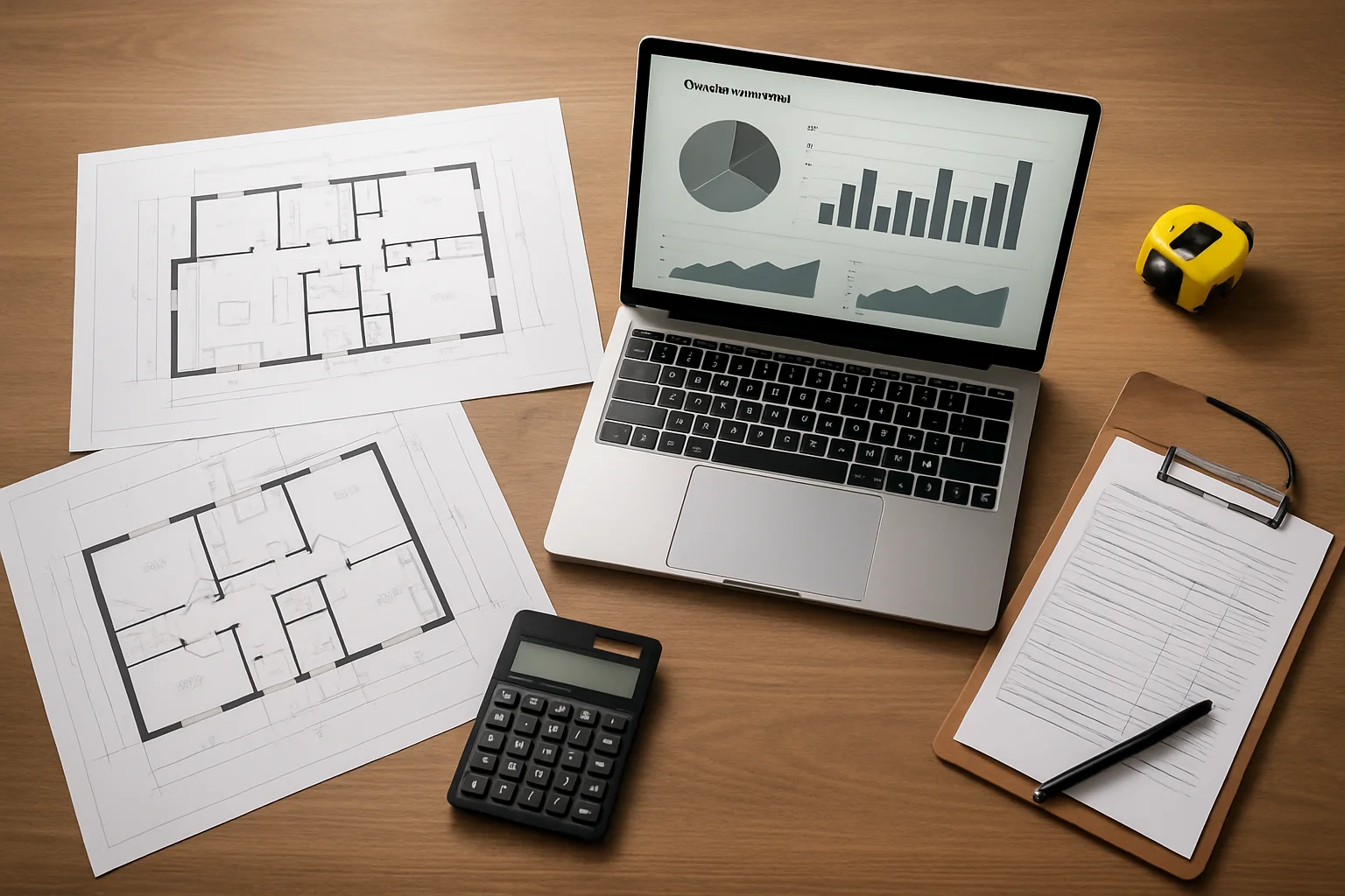 Immobilienbewertung Unterlagen – Grundrisse, Laptop mit Bewertungsdiagrammen und Dokumente zur Wertermittlung