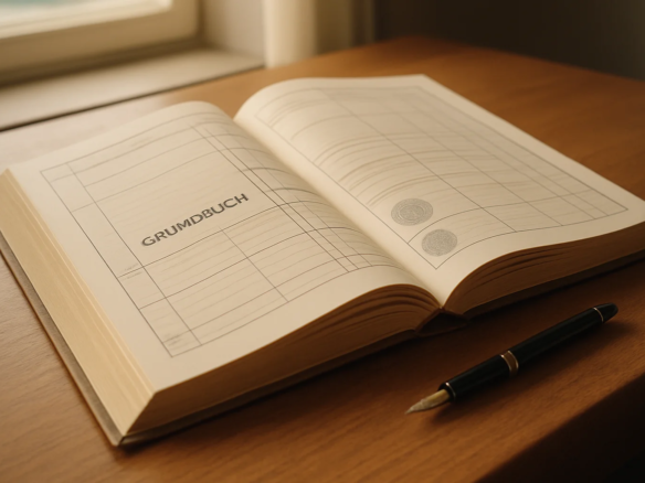 Aufgeschlagenes Grundbuch auf einem Holzschreibtisch mit Füllfederhalter – Grundbuch Abteilungen Lasten