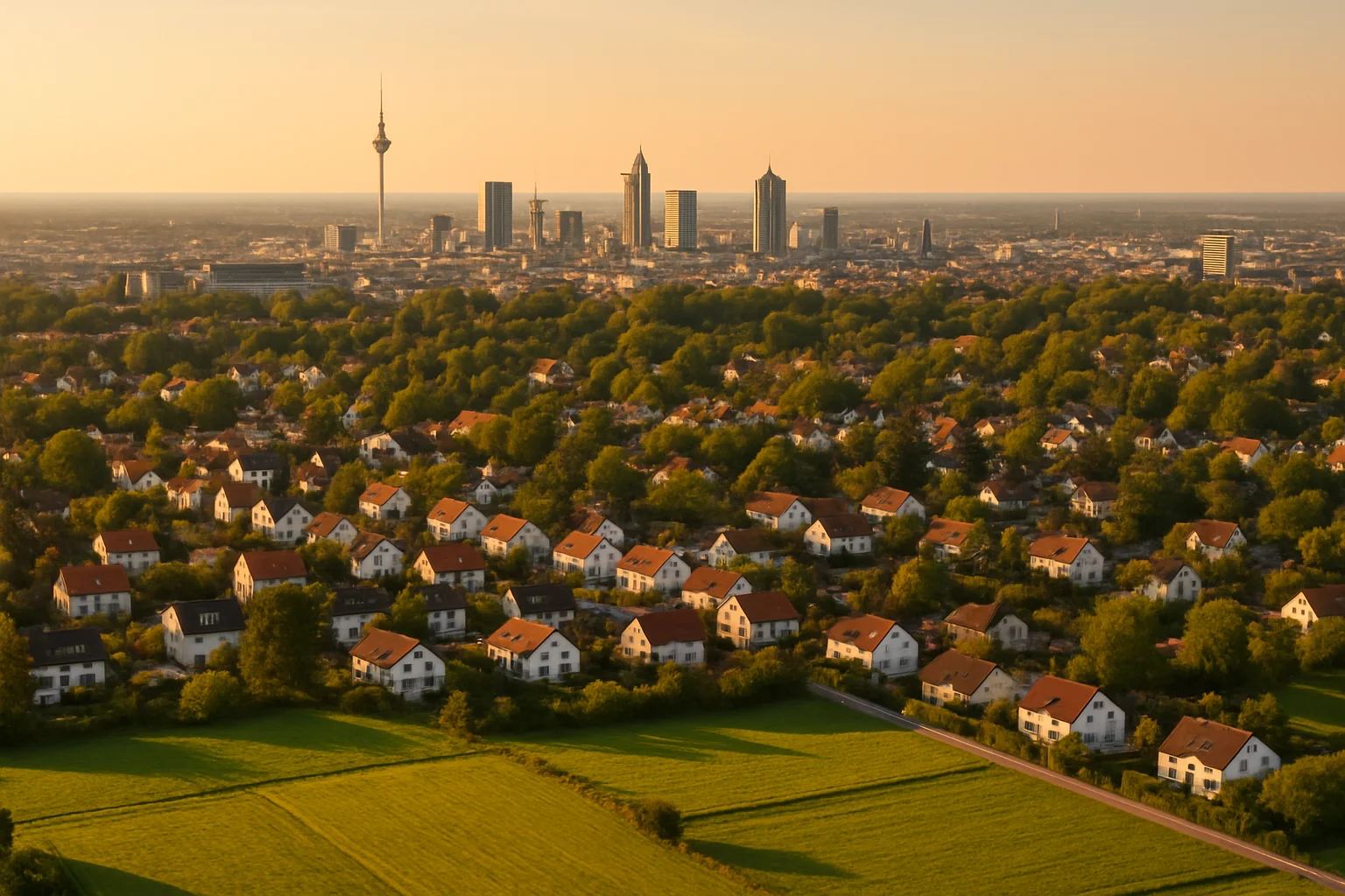 Überblick über Stadtgebiet und Grundstückszonen in einer deutschen Stadt von urban bis suburban