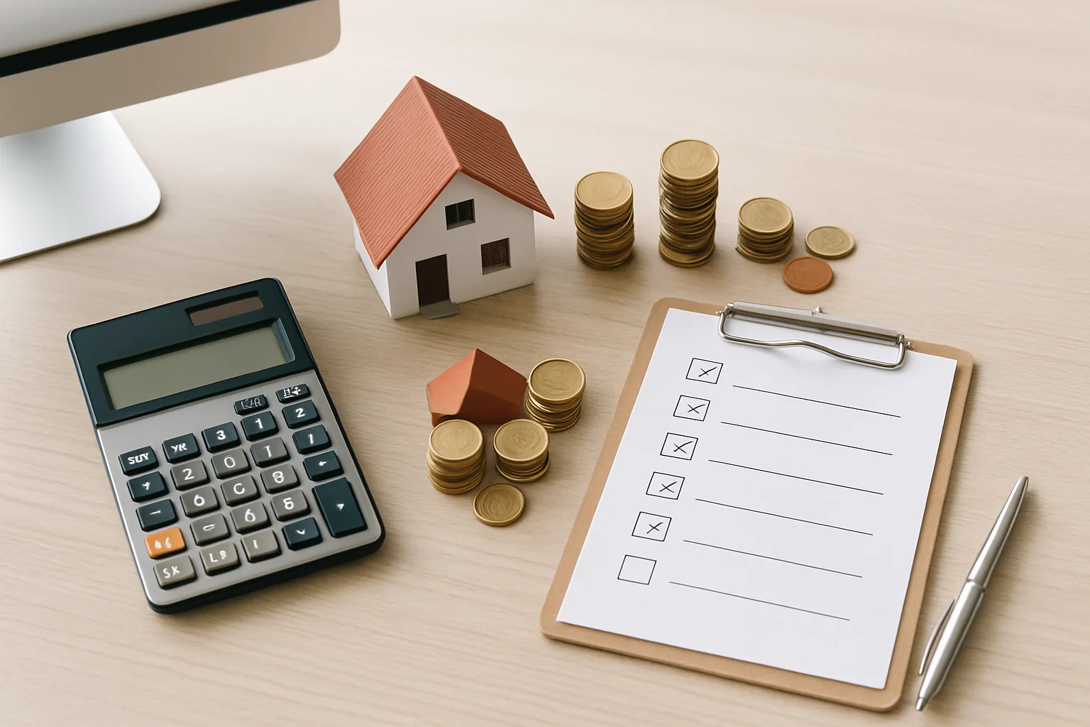Übersicht mit Taschenrechner, Hausmodell und Euro-Münzen zur steuerlichen Planung beim Immobilienverkauf