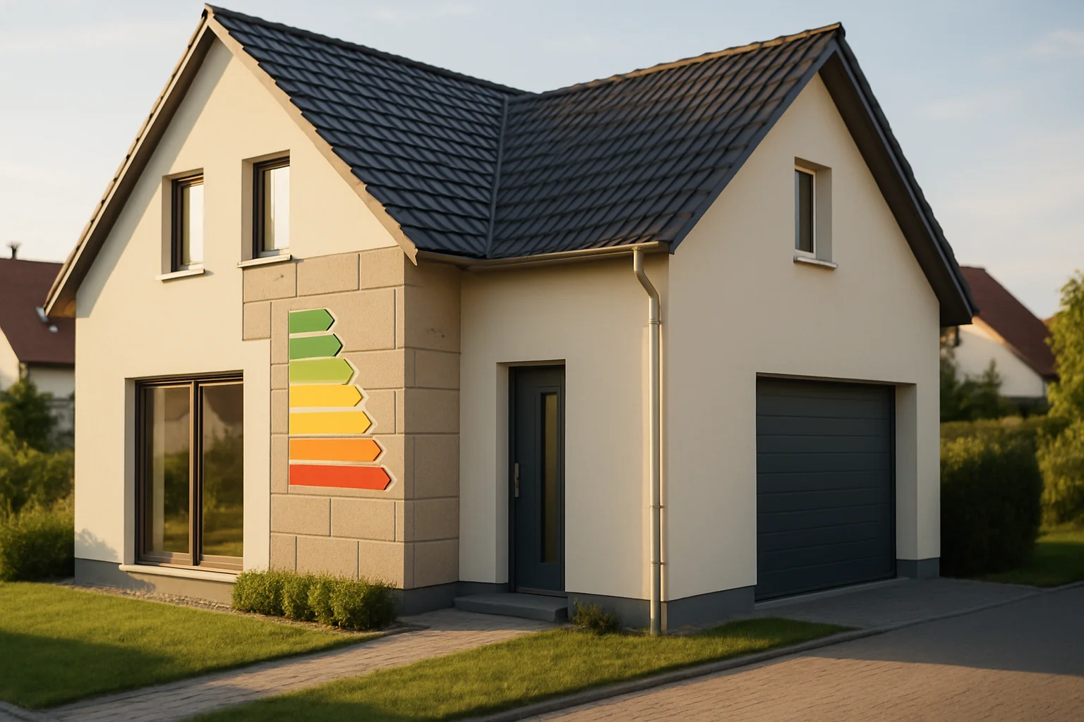 Energieausweis Pflicht – Modernes Wohnhaus mit Energieeffizienz-Kennzeichnung