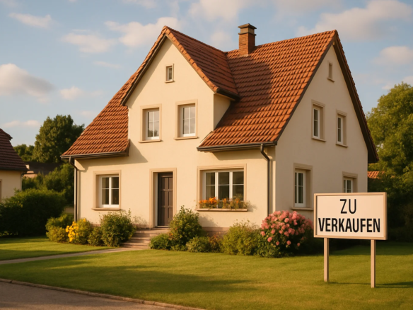 Gepflegtes Einfamilienhaus in Rastatt mit Garten und Verkaufsschild im Sonnenlicht