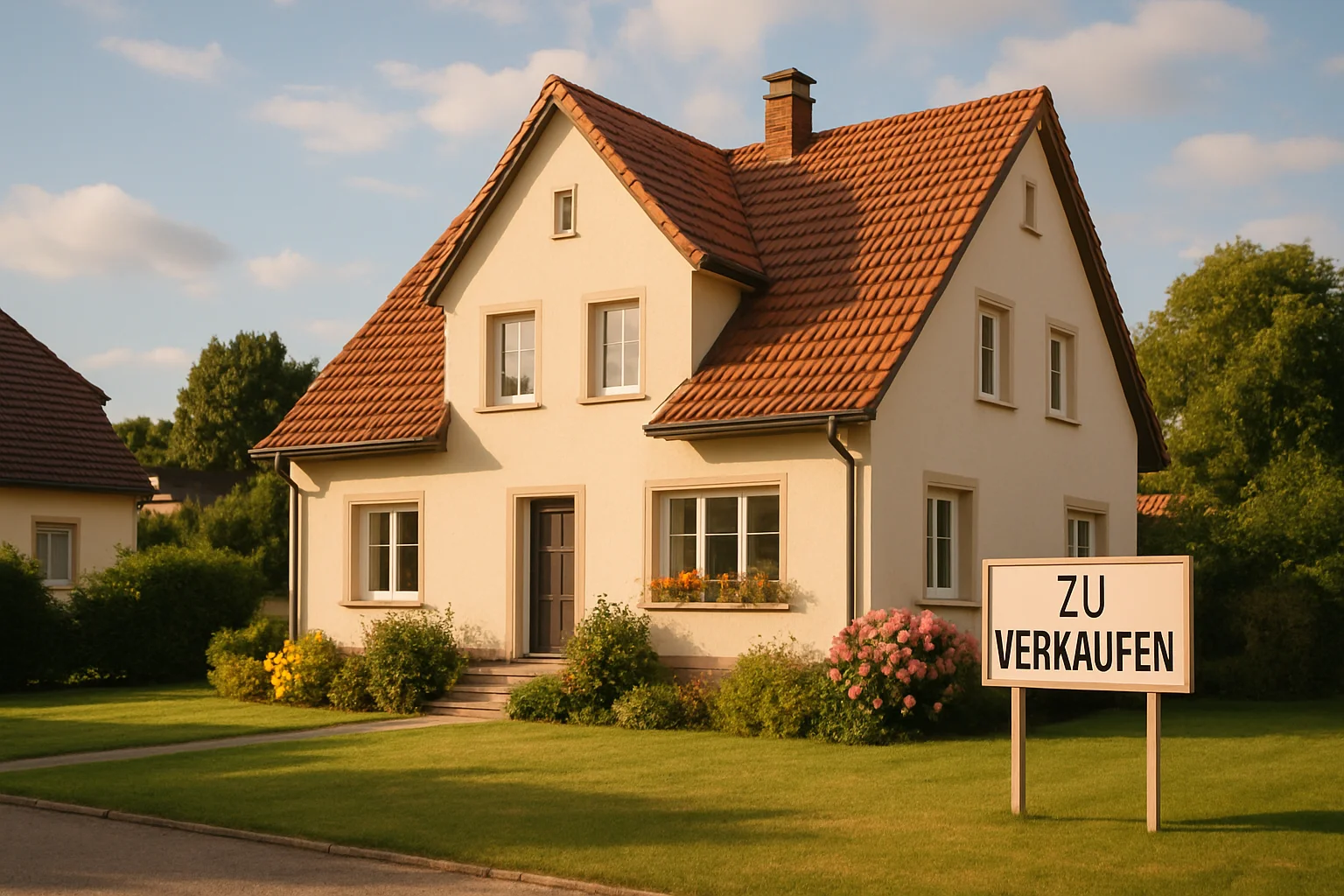 Gepflegtes Einfamilienhaus in Rastatt mit Garten und Verkaufsschild im Sonnenlicht