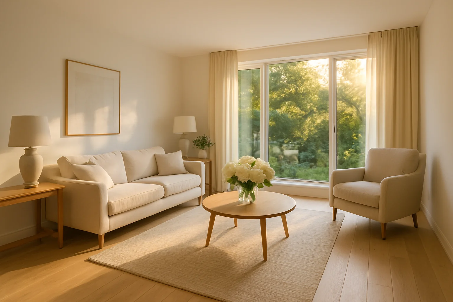 Hochwertig eingerichtetes und gestagtes Wohnzimmer eines zum Verkauf vorbereiteten Hauses in Rastatt