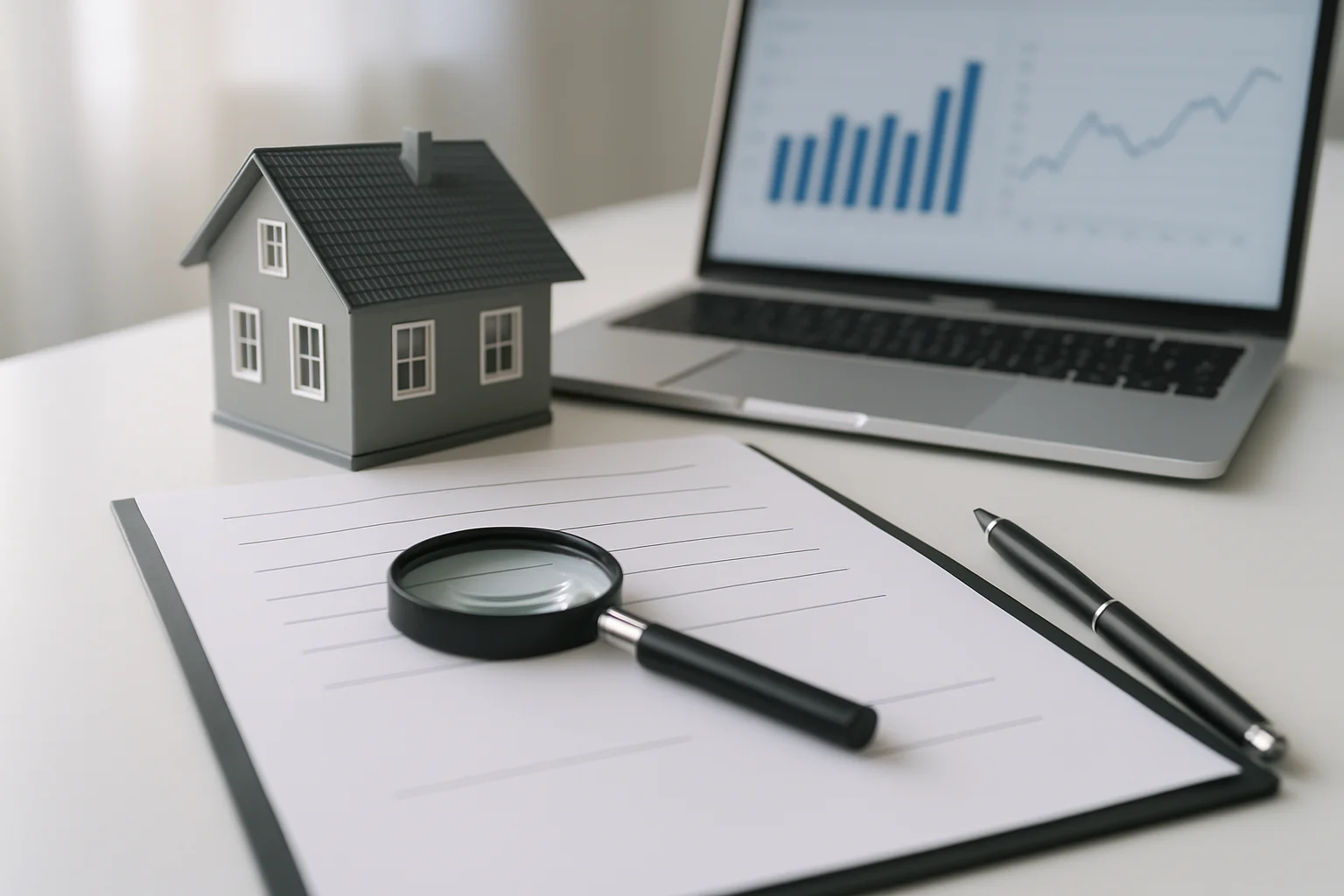 Immobilienmakler Schreibtisch mit Bewertungsunterlagen, Hausmodell und Laptop