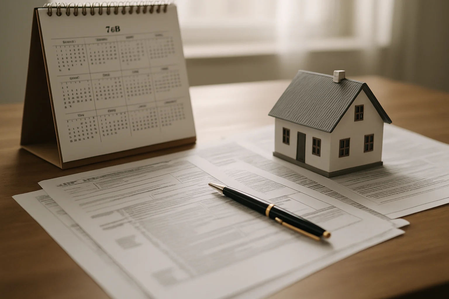 Kalender und Immobilien-Unterlagen zur Berechnung der Spekulationsfrist beim Immobilienverkauf