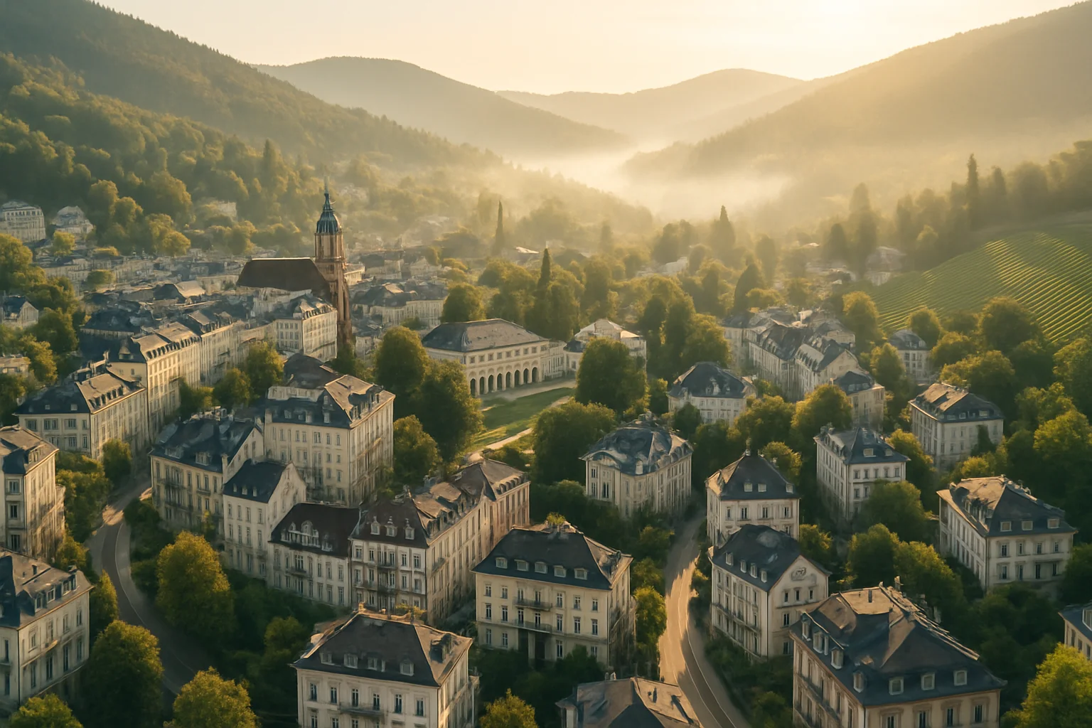 Luftansicht von Baden-Baden mit Kurhaus, Weinbergen und Schwarzwald im Hintergrund