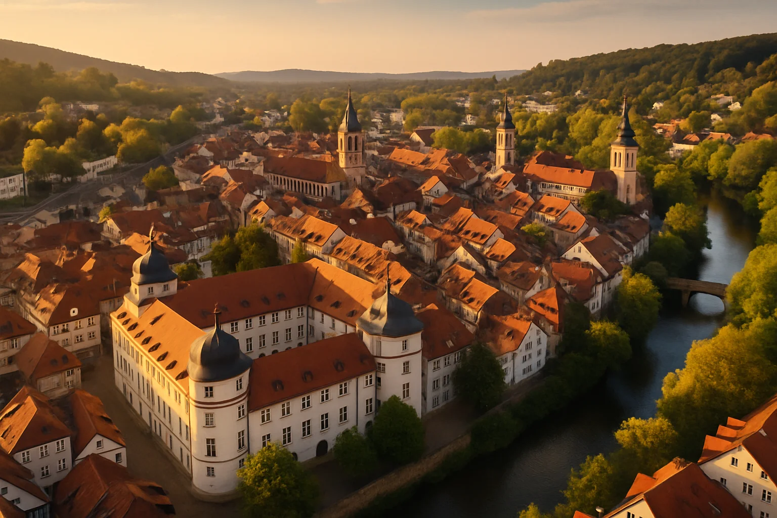 Luftaufnahme von Ettlingen mit historischer Altstadt und Schloss – Immobilienmakler Ettlingen