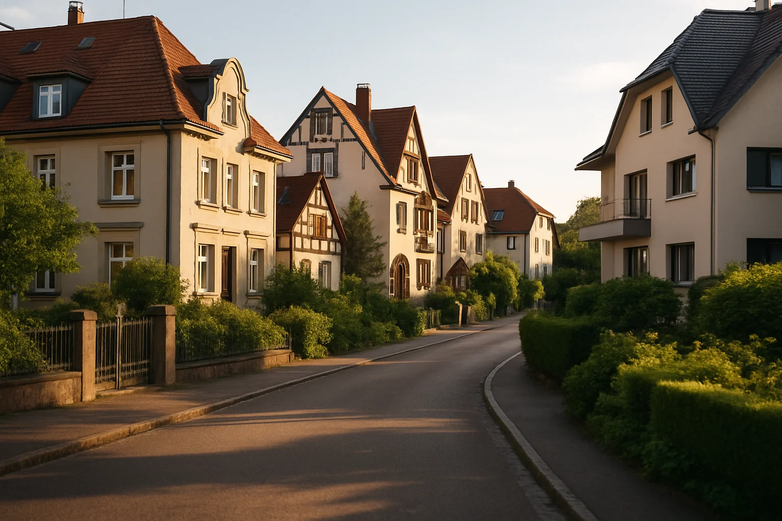 Wohnstraße in Rastatt mit gepflegten Immobilien bei goldenem Sonnenlicht