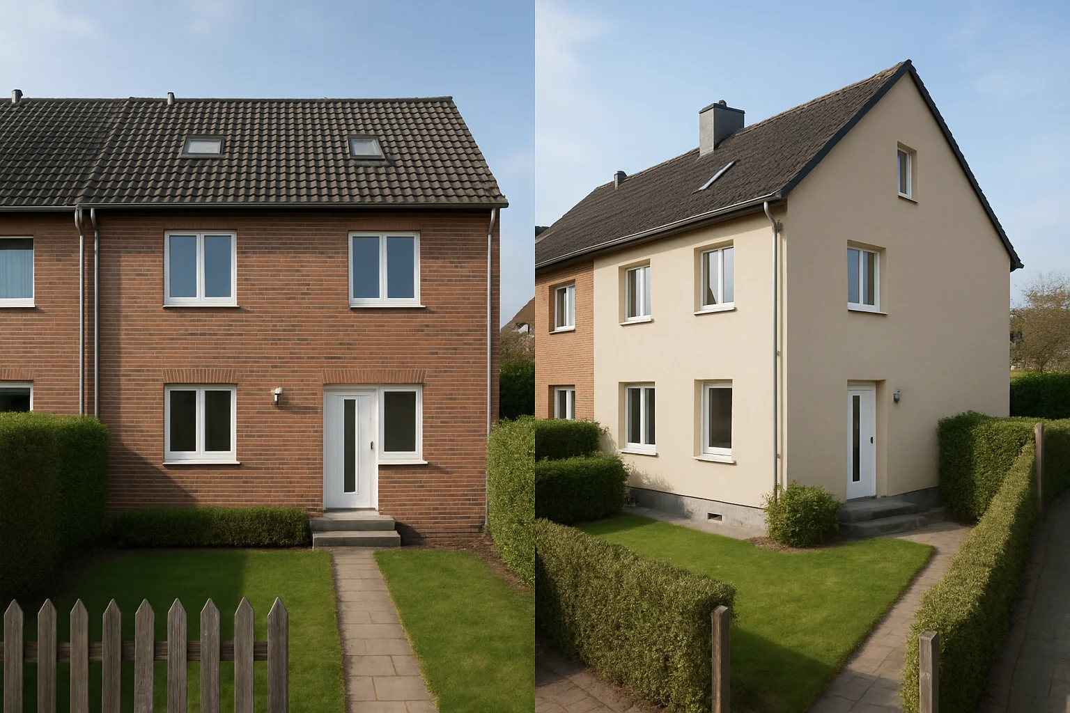 Detailvergleich zwischen Reihenmittelhaus mit schmalem Grundstück und Reiheneckhaus mit größerem Eckgrundstück