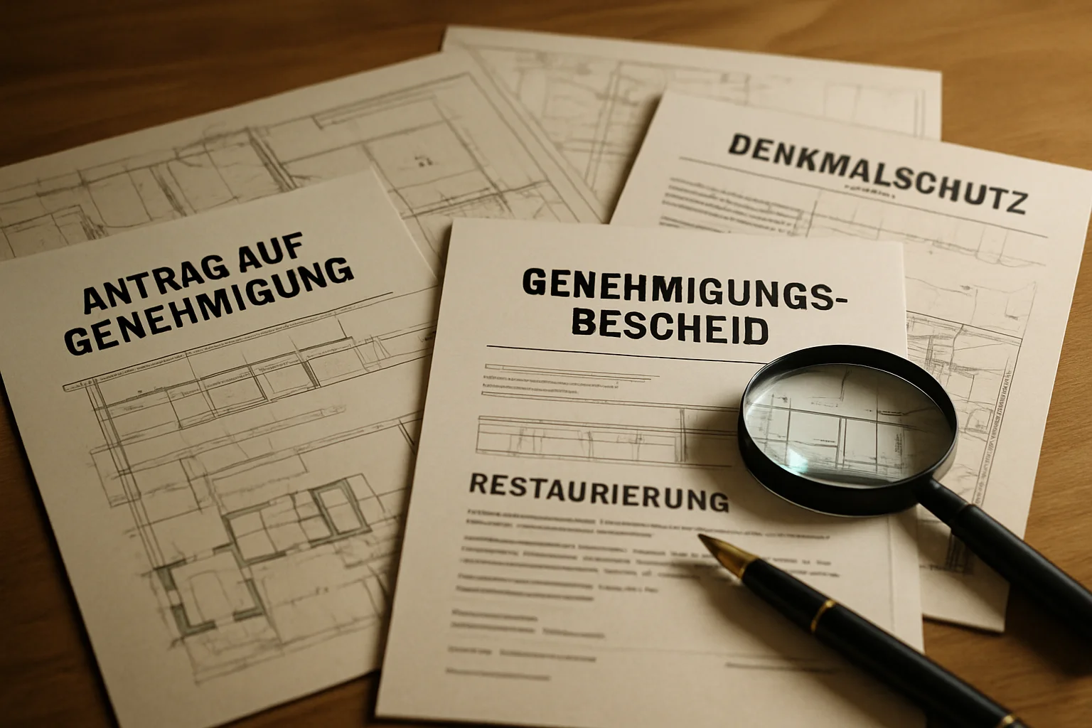 Genehmigungsunterlagen und Baupläne für denkmalgeschützte Immobilien auf einem Schreibtisch