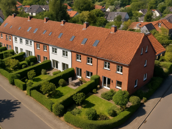 Reihenmittelhaus und Reiheneckhaus in einer Wohnsiedlung aus der Vogelperspektive