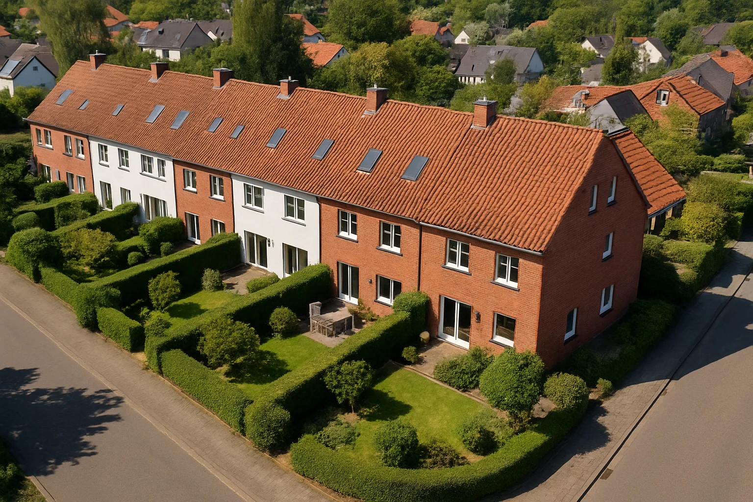 Reihenmittelhaus und Reiheneckhaus in einer Wohnsiedlung aus der Vogelperspektive