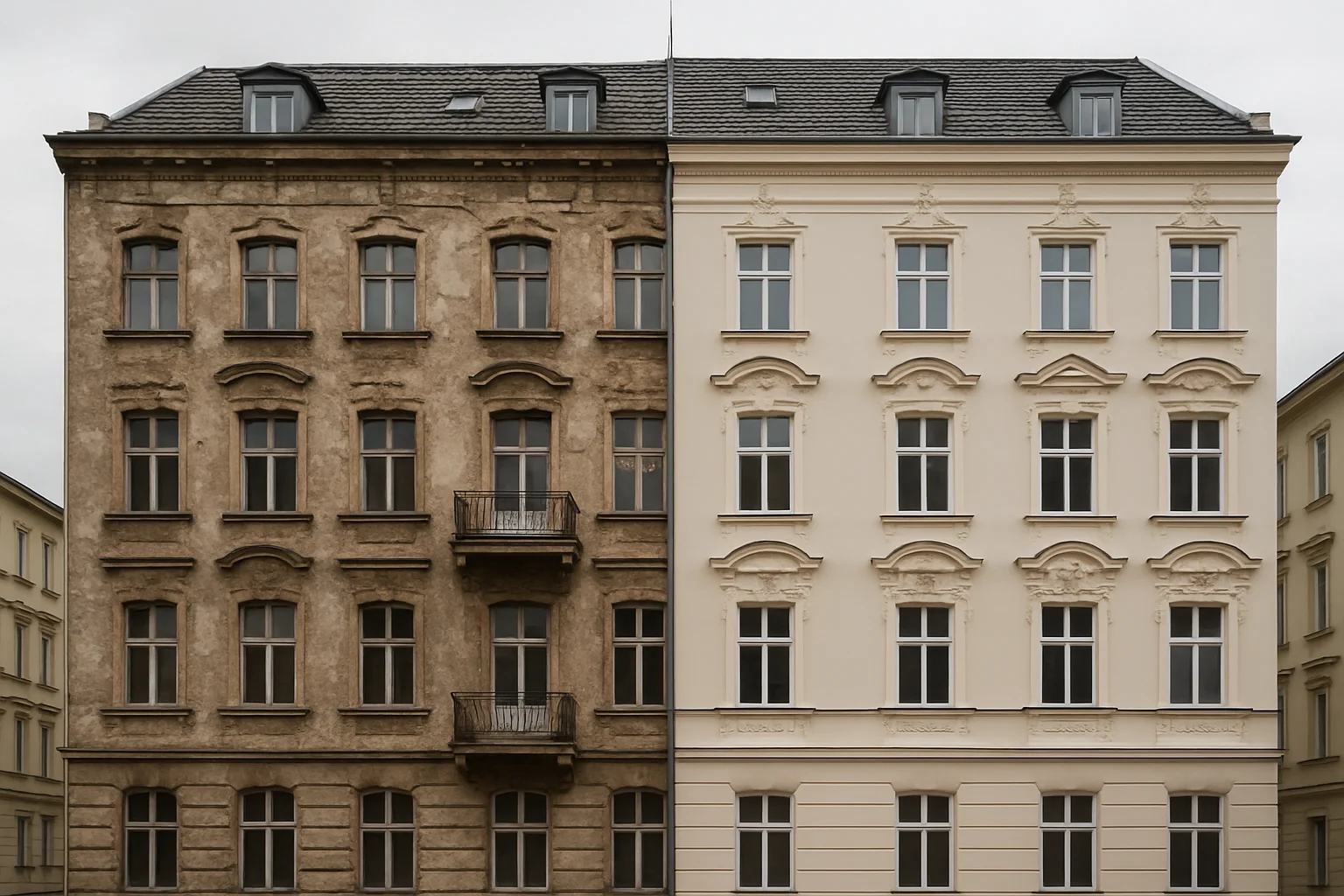 Vorher-Nachher Vergleich eines sanierten denkmalgeschützten Gebäudes mit restaurierter Fassade