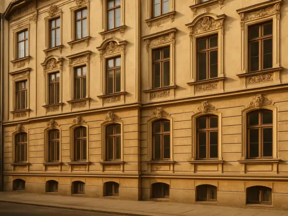 Altbau kaufen – Fassade eines klassischen Altbaugebäudes mit Stuckdekorationen und historischen Fenstern