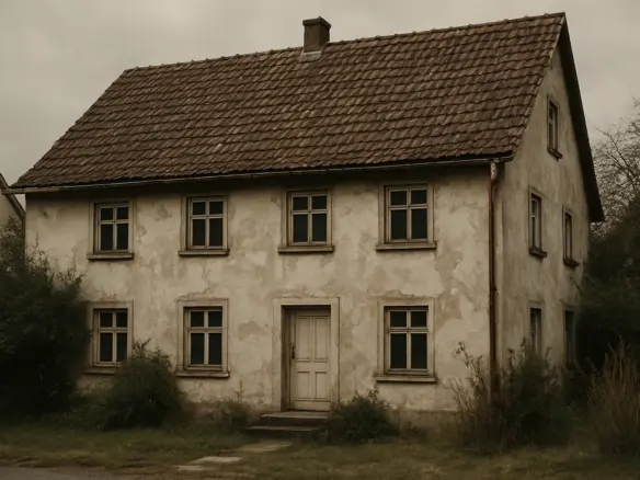 Altes Haus mit Sanierungsstau – verwitterte Fassade, altes Dach und Renovierungsbedarf beim Hausverkauf