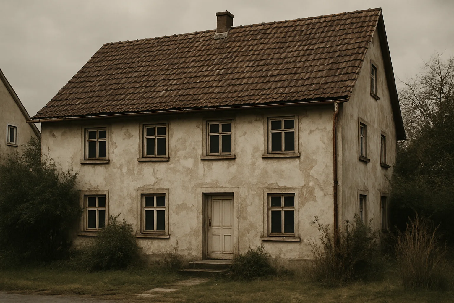Altes Haus mit Sanierungsstau – verwitterte Fassade, altes Dach und Renovierungsbedarf beim Hausverkauf