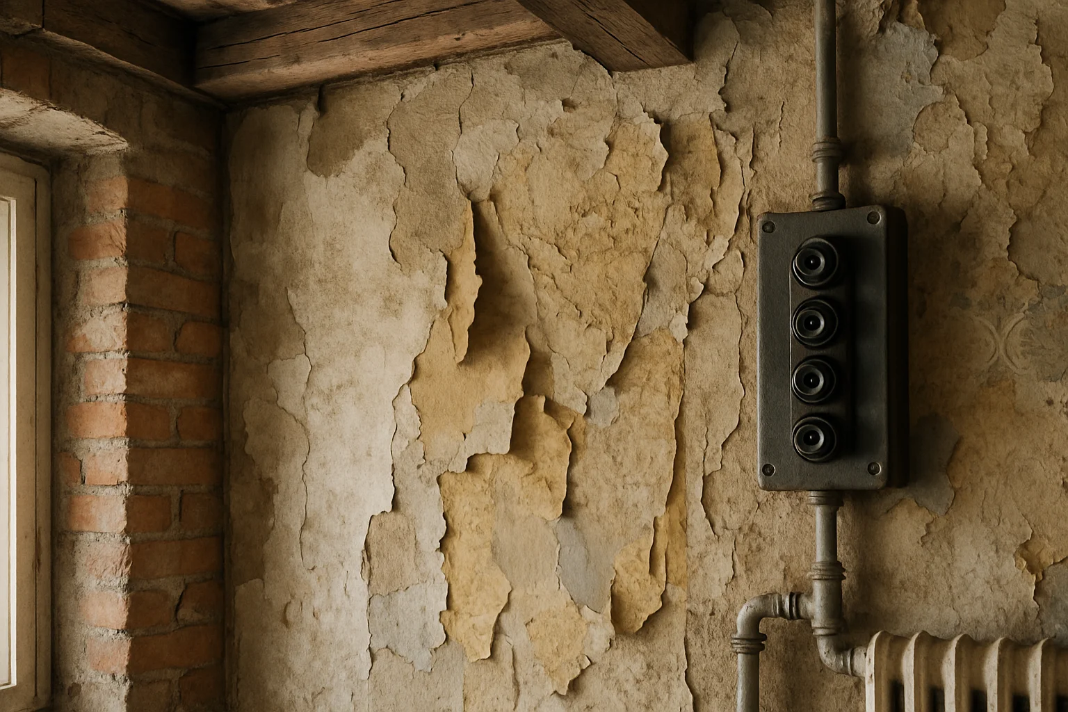 Bausubstanz Altbau – Detailaufnahme von Mauerwerk, Holzbalken und Altinstallationen bei der Gebäudeinspektion