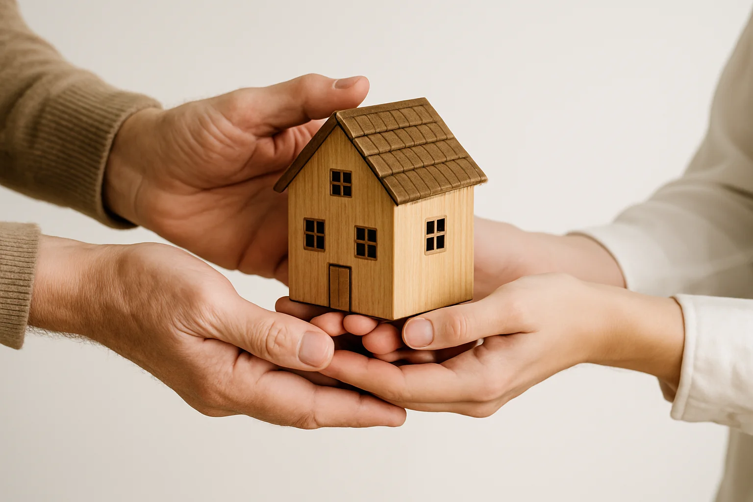 Übergabe eines Hauses von einer Generation zur nächsten als Symbol für Immobilienschenkung und Erbfolge