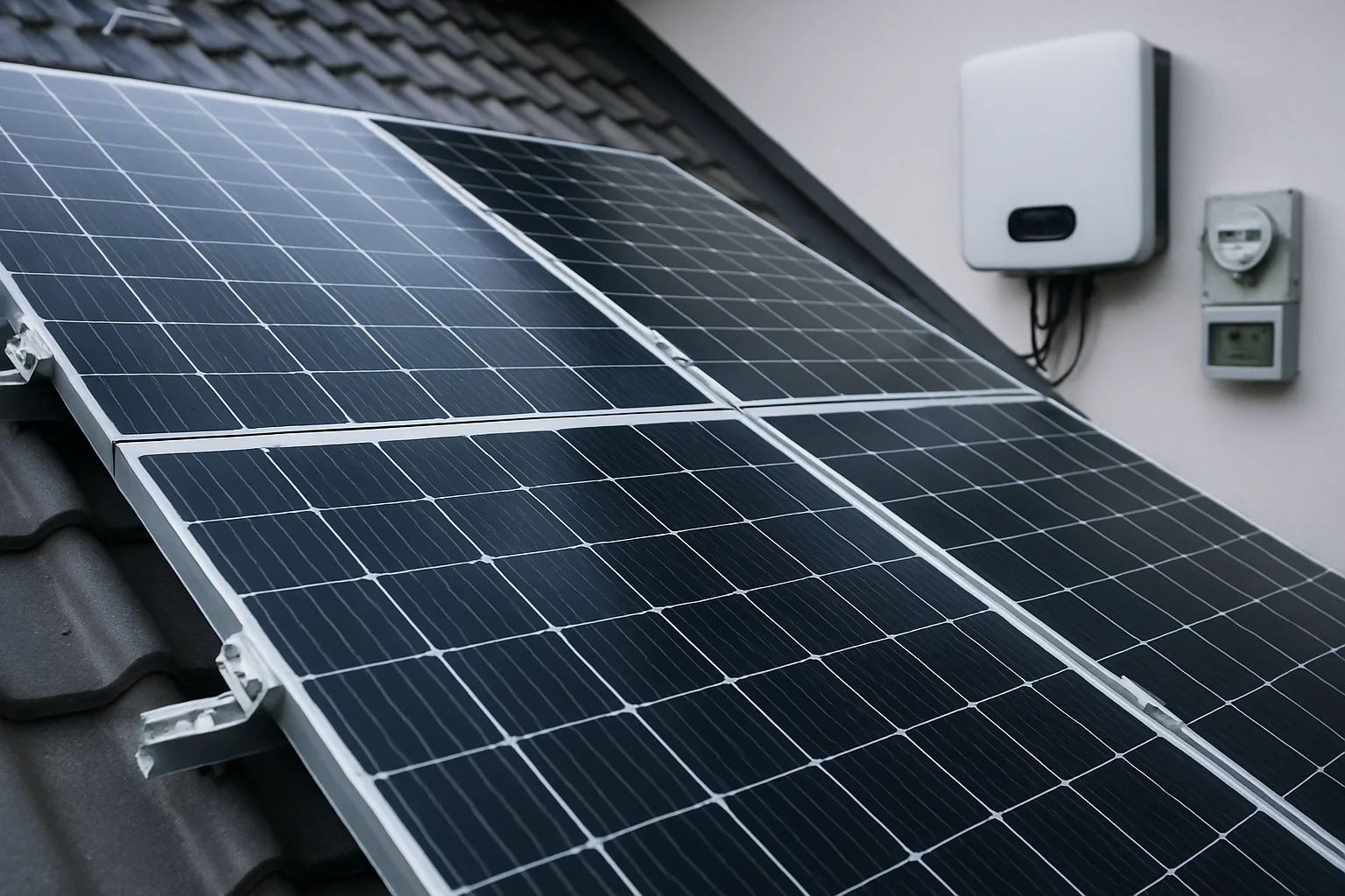 Detailaufnahme von Solarpanelen auf einem Hausdach mit Wechselrichter und Einspeisezähler
