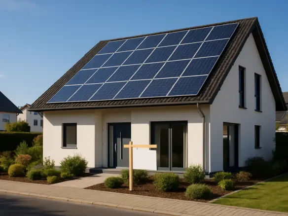 Einfamilienhaus mit Photovoltaikanlage auf dem Dach und Verkaufsschild im Vorgarten