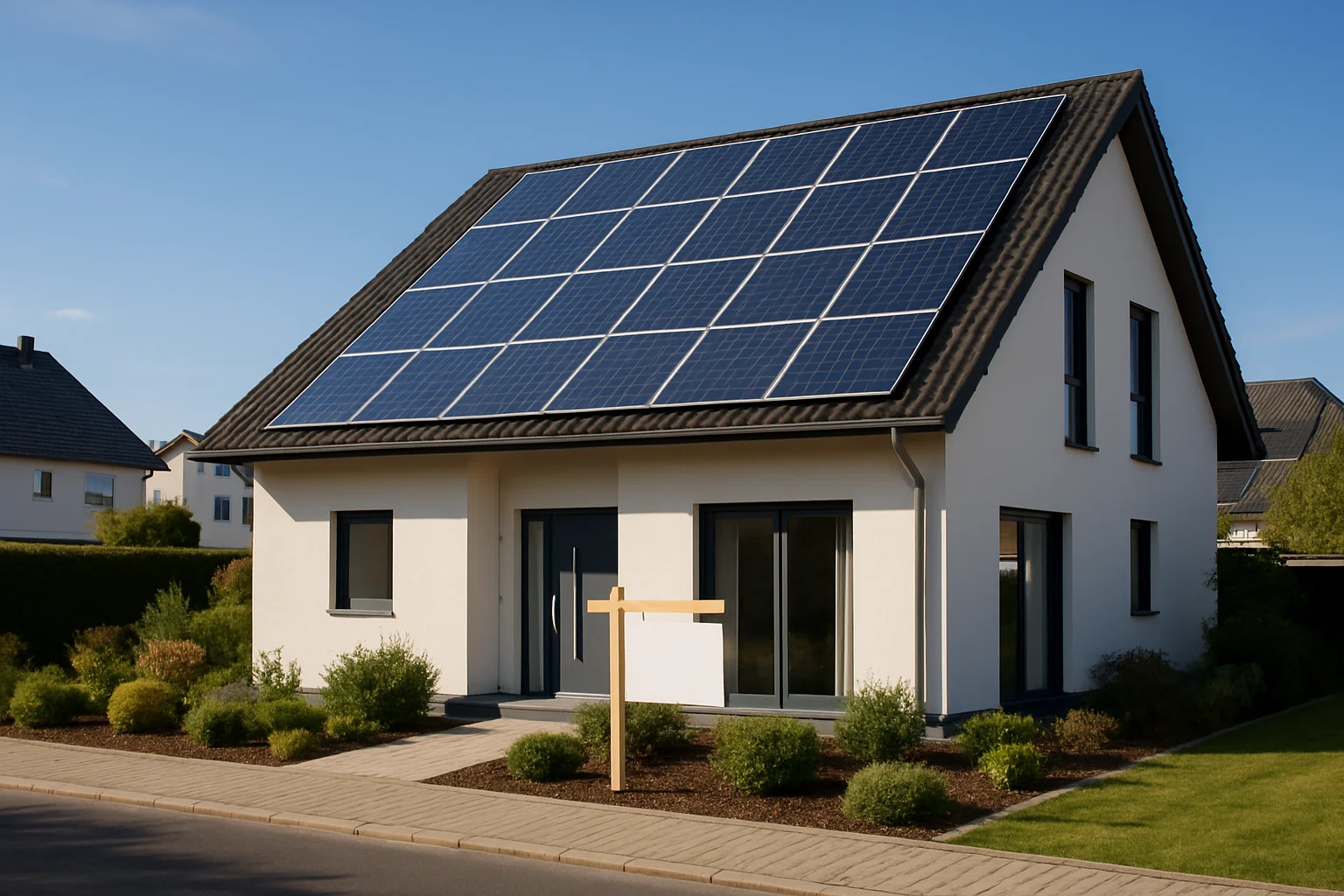 Einfamilienhaus mit Photovoltaikanlage auf dem Dach und Verkaufsschild im Vorgarten