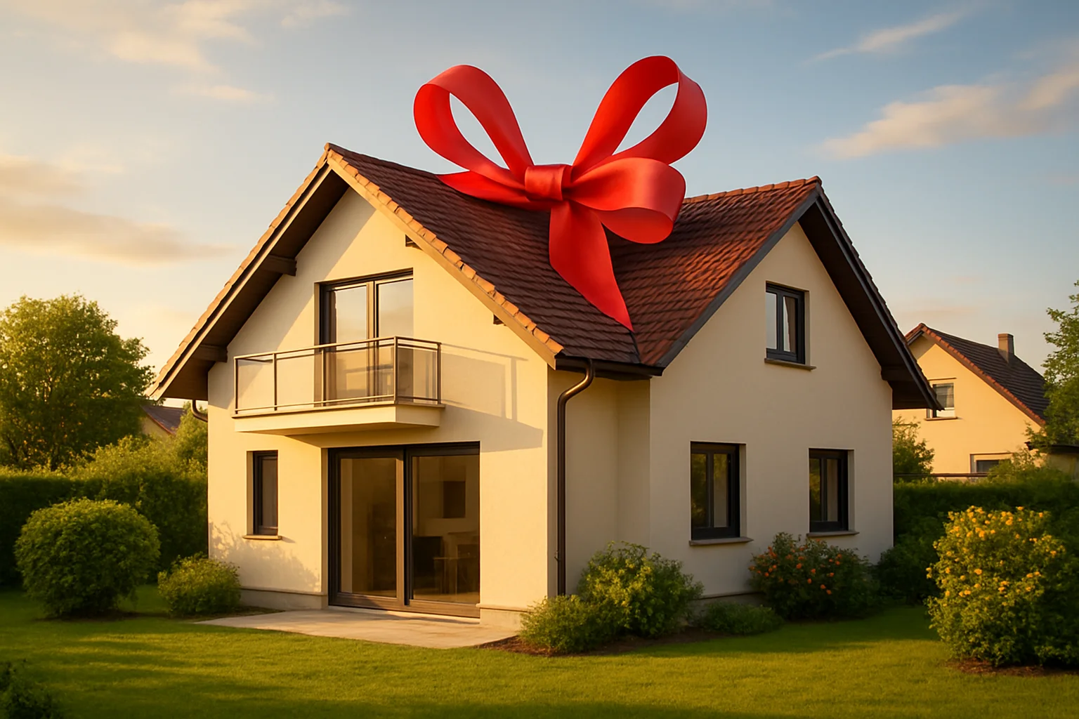 Einfamilienhaus mit symbolischer Schleife als Zeichen für die Schenkung einer Immobilie an Kinder