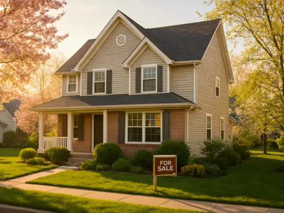 Einfamilienhaus zum Verkauf im Frühling mit gepflegtem Vorgarten und warmem Sonnenlicht – bester Zeitpunkt Haus verkaufen