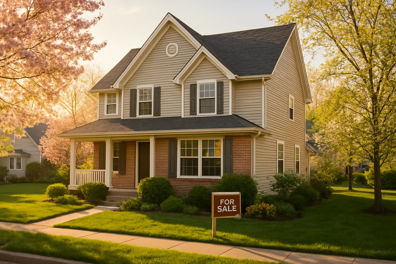 Einfamilienhaus zum Verkauf im Frühling mit gepflegtem Vorgarten und warmem Sonnenlicht – bester Zeitpunkt Haus verkaufen