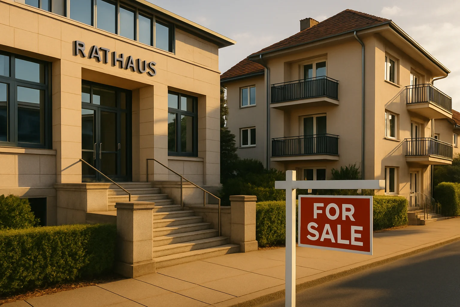 Gemeindegebäude neben einem Immobilienobjekt mit Verkaufsschild – Vorkaufsrecht Gemeinde Verkäufer