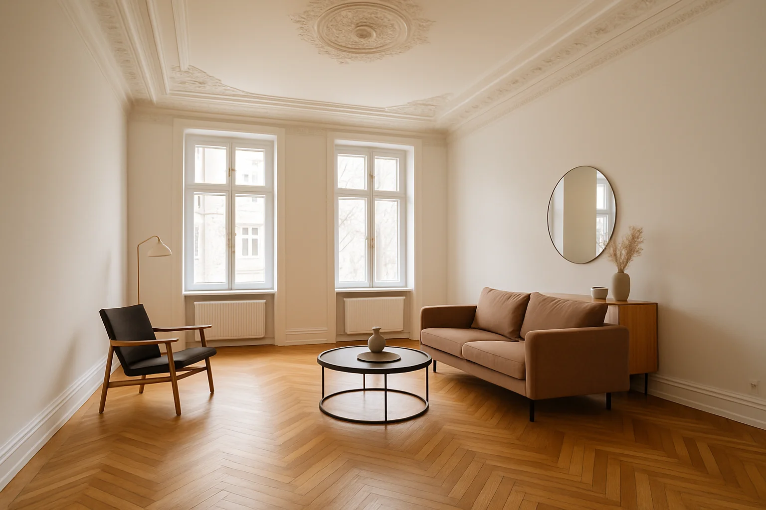 Modernisierter Altbau – Renoviertes Wohnzimmer mit Stuckdecke, Parkettboden und moderner Einrichtung nach der Sanierung