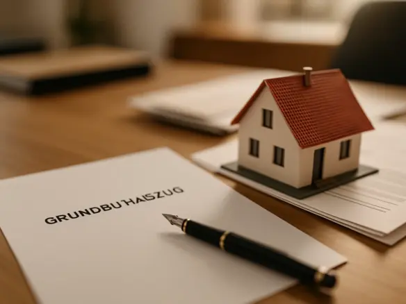 Notarieller Schreibtisch mit Grundbuchdokumenten und Hausmodell beim Immobilienverkauf
