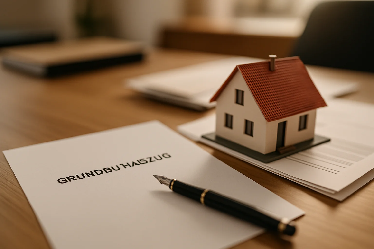 Notarieller Schreibtisch mit Grundbuchdokumenten und Hausmodell beim Immobilienverkauf