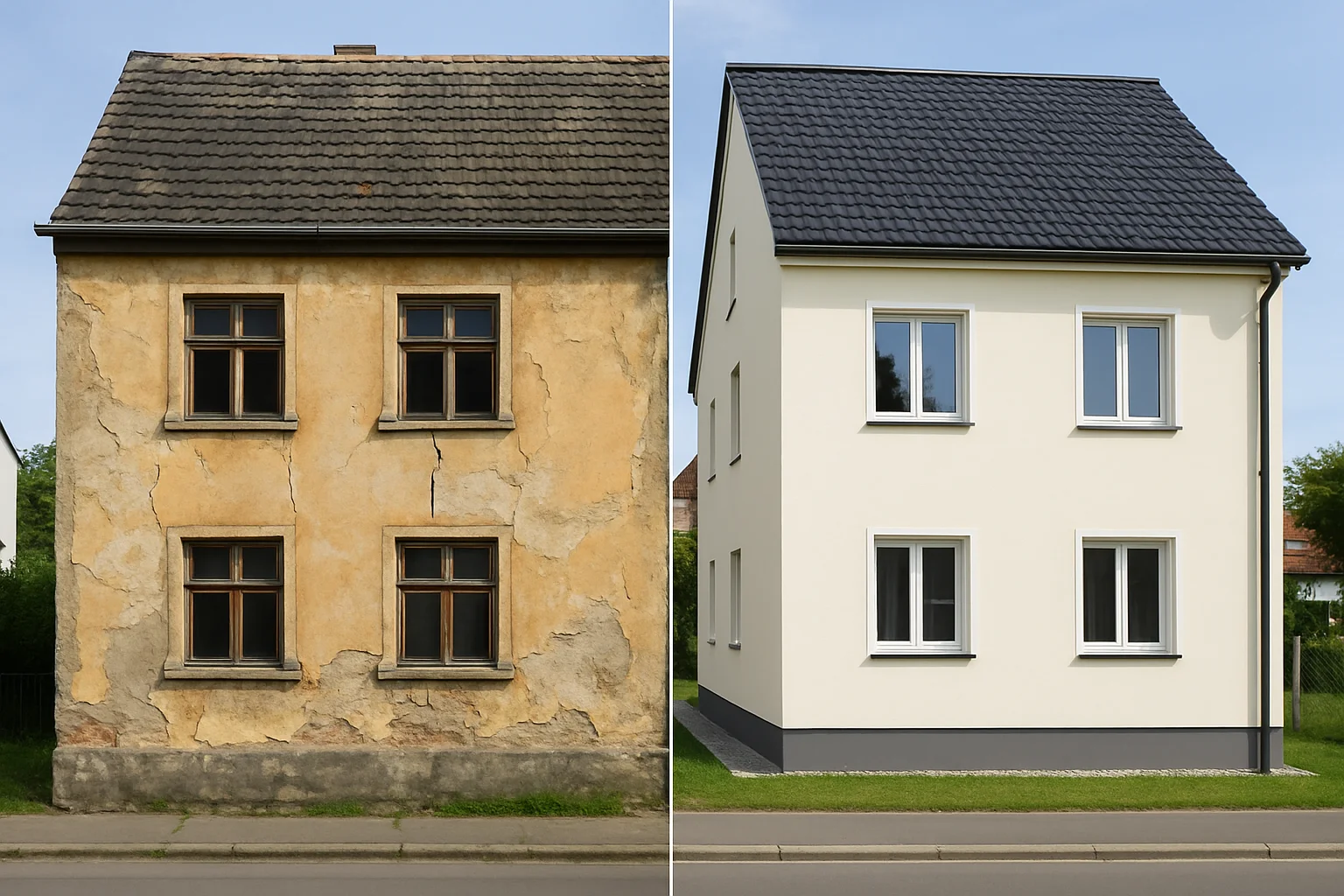 Vorher-Nachher Vergleich Bestandsimmobilie saniert – Fassade, Fenster und Dach erneuert