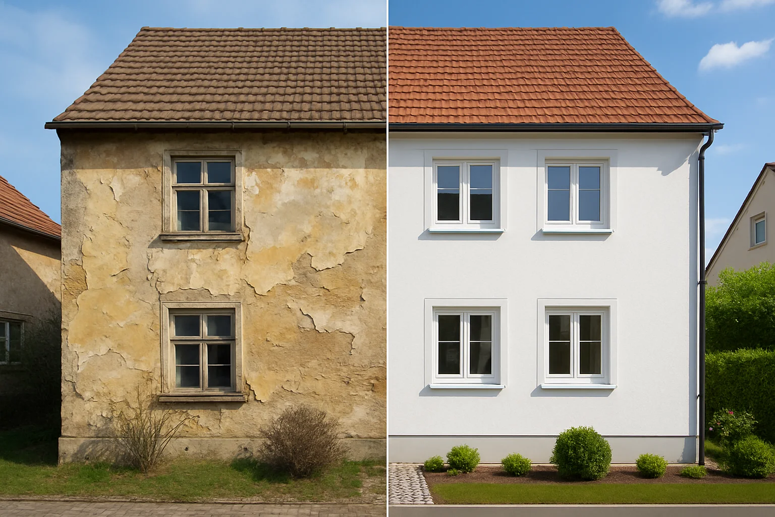 Vorher-Nachher Vergleich Hausverkauf Sanierungsstau – renoviertes Haus vs. sanierungsbedürftige Immobilie