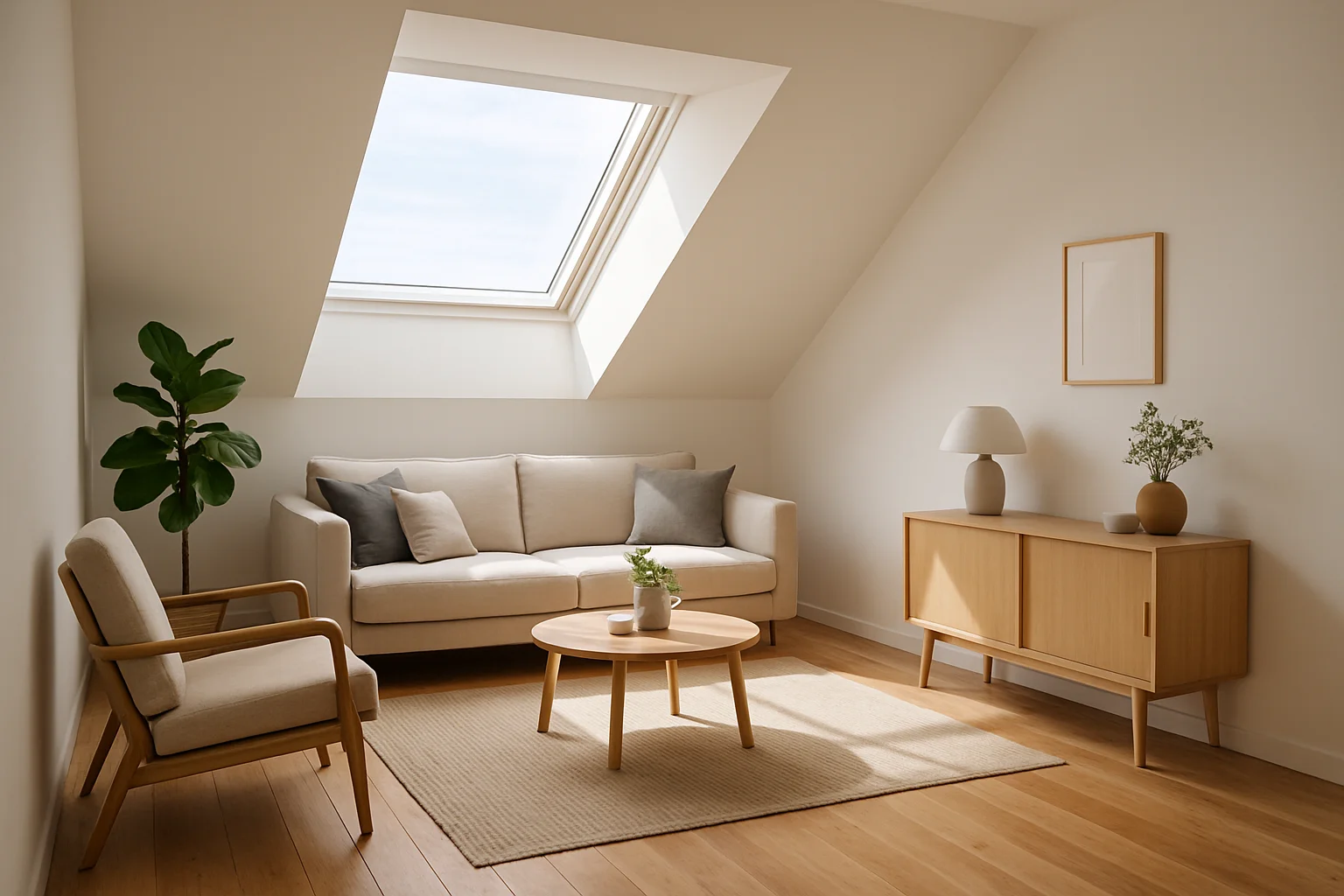 Wohnzimmer mit Dachschräge in einem modernen Dachgeschoss zur Veranschaulichung der Wohnflächenberechnung nach Wohnflächenverordnung